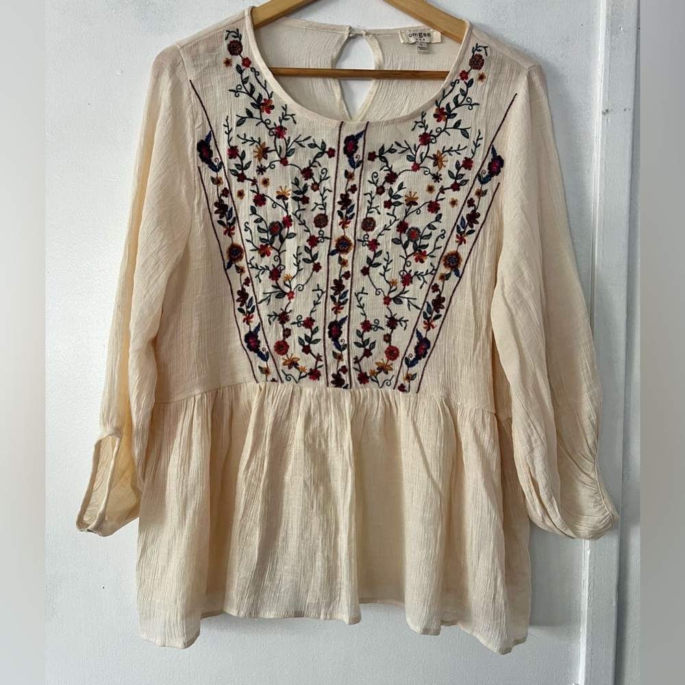 Umgee Cream Embellished Peplum Blouse with Bib Collar